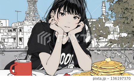 早朝のダイナー（喫茶店）でパンケーキ（モーニングセット）を食べる若い女性