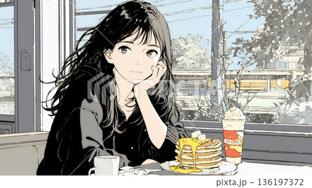 早朝のダイナー（喫茶店）でパンケーキ（モーニングセット）を食べる若い女性