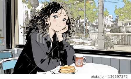 早朝のダイナー（喫茶店）でパンケーキ（モーニングセット）を食べる若い女性