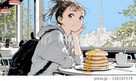 早朝のダイナー（喫茶店）でパンケーキ（モーニングセット）を食べる若い女性