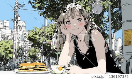 早朝のダイナー（喫茶店）でパンケーキ（モーニングセット）を食べる若い女性