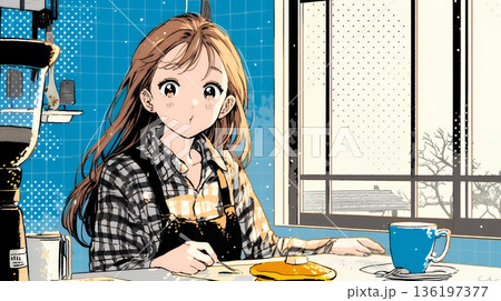 早朝のダイナー（喫茶店）でパンケーキ（モーニングセット）を食べる若い女性