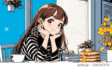 早朝のダイナー（喫茶店）でパンケーキ（モーニングセット）を食べる若い女性