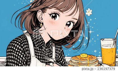 早朝のダイナー（喫茶店）でパンケーキ（モーニングセット）を食べる若い女性