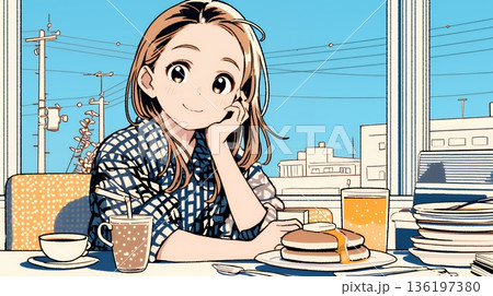 早朝のダイナー（喫茶店）でパンケーキ（モーニングセット）を食べる若い女性