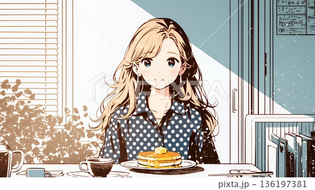 早朝のダイナー（喫茶店）でパンケーキ（モーニングセット）を食べる若い女性