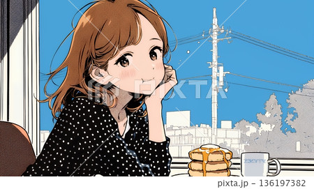 早朝のダイナー（喫茶店）でパンケーキ（モーニングセット）を食べる若い女性