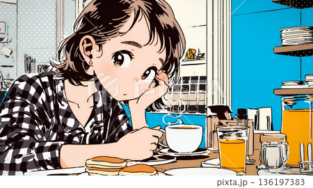 早朝のダイナー（喫茶店）でパンケーキ（モーニングセット）を食べる若い女性