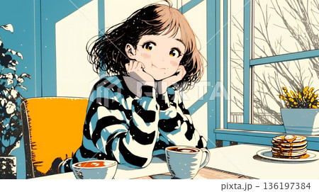 早朝のダイナー（喫茶店）でパンケーキ（モーニングセット）を食べる若い女性