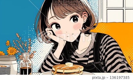 早朝のダイナー（喫茶店）でパンケーキ（モーニングセット）を食べる若い女性