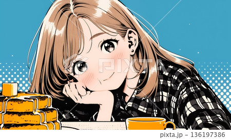 早朝のダイナー（喫茶店）でパンケーキ（モーニングセット）を食べる若い女性