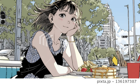 早朝のダイナー（喫茶店）でパンケーキ（モーニングセット）を食べる若い女性