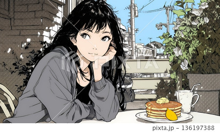 早朝のダイナー（喫茶店）でパンケーキ（モーニングセット）を食べる若い女性