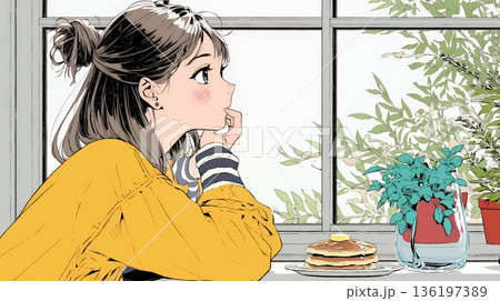 早朝のダイナー（喫茶店）でパンケーキ（モーニングセット）を食べる若い女性