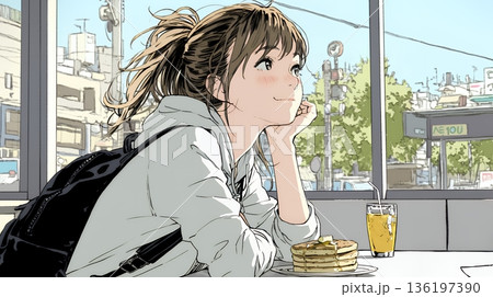 早朝のダイナー（喫茶店）でパンケーキ（モーニングセット）を食べる若い女性