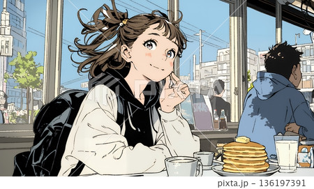 早朝のダイナー（喫茶店）でパンケーキ（モーニングセット）を食べる若い女性