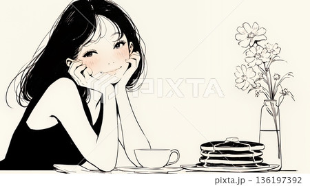 早朝のダイナー（喫茶店）でパンケーキ（モーニングセット）を食べる若い女性（シンプルな色使い）