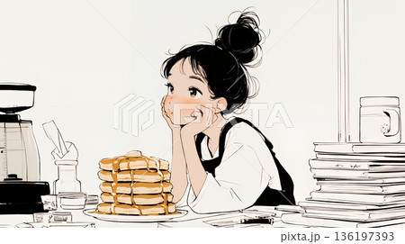 早朝のダイナー（喫茶店）でパンケーキ（モーニングセット）を食べる若い女性（シンプルな色使い）