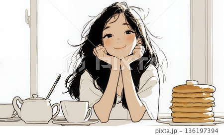 早朝のダイナー（喫茶店）でパンケーキ（モーニングセット）を食べる若い女性（シンプルな色使い）