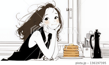 早朝のダイナー（喫茶店）でパンケーキ（モーニングセット）を食べる若い女性（シンプルな色使い）