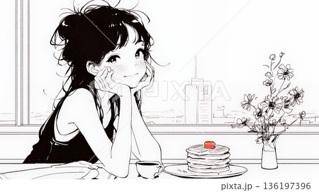 早朝のダイナー（喫茶店）でパンケーキ（モーニングセット）を食べる若い女性（シンプルな色使い）