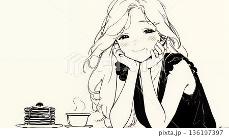 早朝のダイナー（喫茶店）でパンケーキ（モーニングセット）を食べる若い女性（シンプルな色使い）