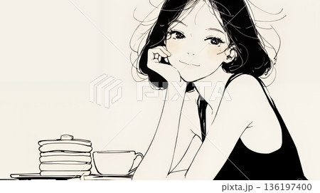 早朝のダイナー（喫茶店）でパンケーキ（モーニングセット）を食べる若い女性（シンプルな色使い）