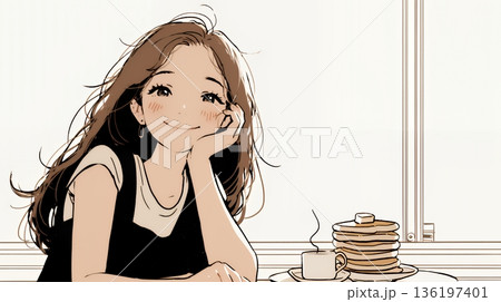 早朝のダイナー（喫茶店）でパンケーキ（モーニングセット）を食べる若い女性（シンプルな色使い）
