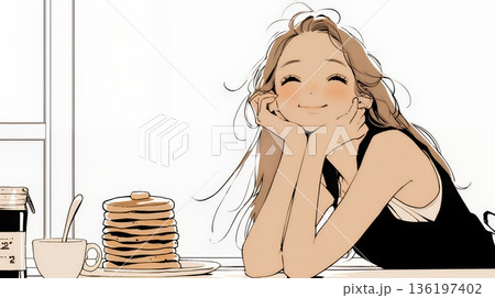 早朝のダイナー（喫茶店）でパンケーキ（モーニングセット）を食べる若い女性（シンプルな色使い）