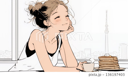 早朝のダイナー（喫茶店）でパンケーキ（モーニングセット）を食べる若い女性（シンプルな色使い）