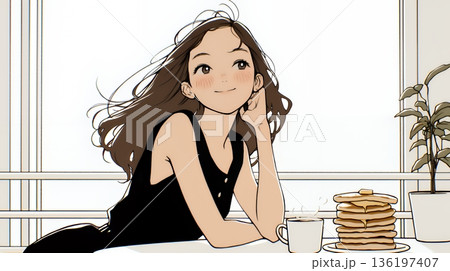 早朝のダイナー（喫茶店）でパンケーキ（モーニングセット）を食べる若い女性（シンプルな色使い）