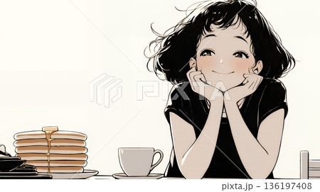 早朝のダイナー（喫茶店）でパンケーキ（モーニングセット）を食べる若い女性（シンプルな色使い）