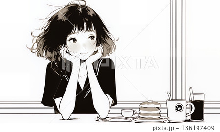 早朝のダイナー（喫茶店）でパンケーキ（モーニングセット）を食べる若い女性（シンプルな色使い）