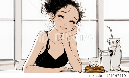 早朝のダイナー（喫茶店）でパンケーキ（モーニングセット）を食べる若い女性（シンプルな色使い）