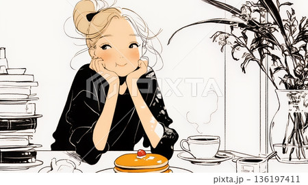 早朝のダイナー（喫茶店）でパンケーキ（モーニングセット）を食べる若い女性（シンプルな色使い）