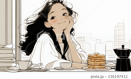 早朝のダイナー（喫茶店）でパンケーキ（モーニングセット）を食べる若い女性（シンプルな色使い）