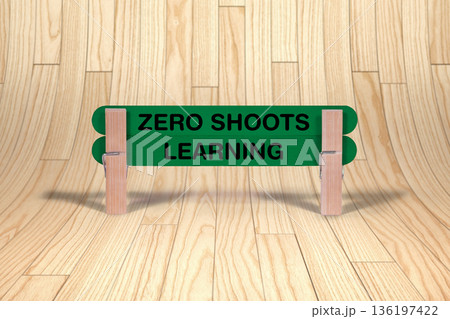 Concept words Zero Shoots , Learning , Double Dark Green Wooden Stick Clothespin with curved wood parquet hardwood Background , Artificial intelligence and Zero Shoots , Learning Theme 136197422