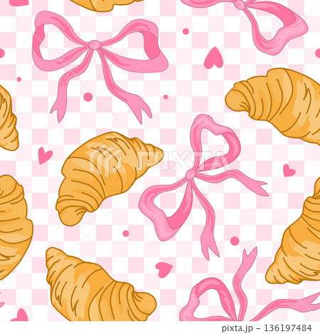 Kawaii seamless pattern with hand drawn pink bows and croissants. Cute Valentine or girlie background. Vector illustration Kawaii seamless pattern with hand drawn pink bows and croissants. Cute Valentine or girlie background. Vector illustration 136197484