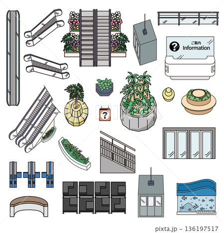 アイソメトリックな公共施設・商業施設の設備セット・ベクターイラスト素材 136197517