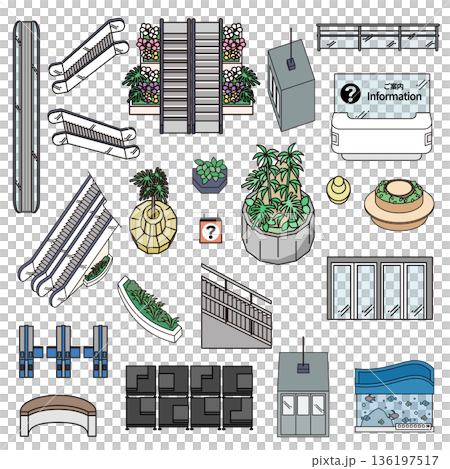 アイソメトリックな公共施設・商業施設の設備セット・ベクターイラスト素材 136197517