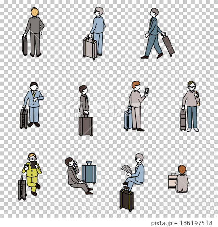 アイソメトリックな人物セット・スーツで旅行や移動をするビジネスパーソン アイソメトリックな人物セット・スーツで旅行や移動をするビジネスパーソン 136197518