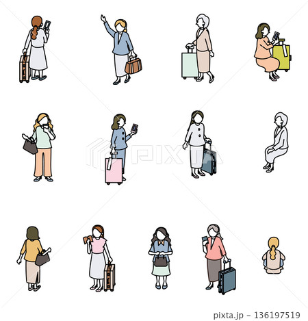 アイソメトリックな女性人物セット・旅行や出張で移動するビジネスパーソン 136197519