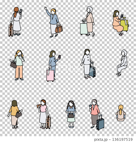 アイソメトリックな女性人物セット・旅行や出張で移動するビジネスパーソン 136197519