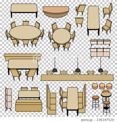 アイソメトリックなカフェ・オフィスの家具セット・インテリアのベクター素材 アイソメトリックなカフェ・オフィスの家具セット・インテリアのベクター素材 136197520