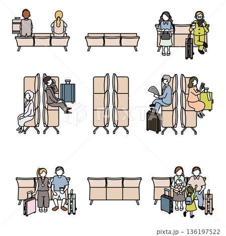 アイソメトリックな待合室・ロビーの人物セット・駅や空港の利用シーン素材 136197522