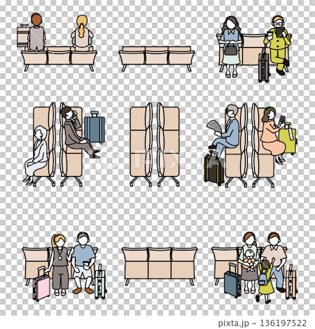 アイソメトリックな待合室・ロビーの人物セット・駅や空港の利用シーン素材 136197522