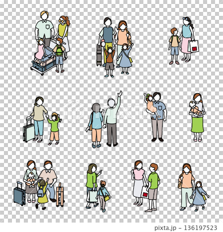 Isometric family travel set - people traveling with luggage carts and carry-ons 136197523