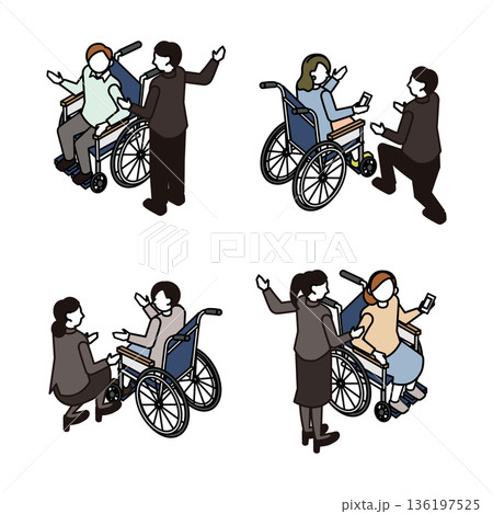アイソメトリックな車椅子と介助者の人物セット・バリアフリーな施設利用シーン 136197525