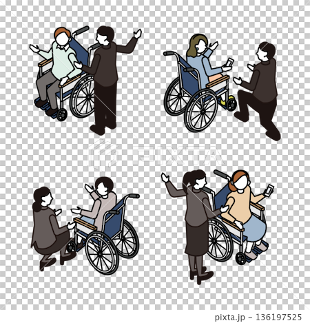 アイソメトリックな車椅子と介助者の人物セット・バリアフリーな施設利用シーン 136197525