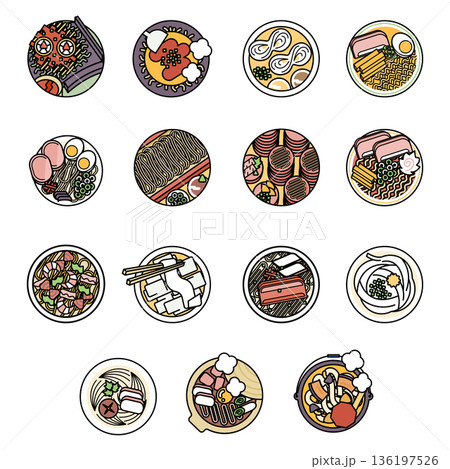 日本の麺料理のイラストセット・ラーメン、うどん、そば、そうめんのベクター素材 136197526